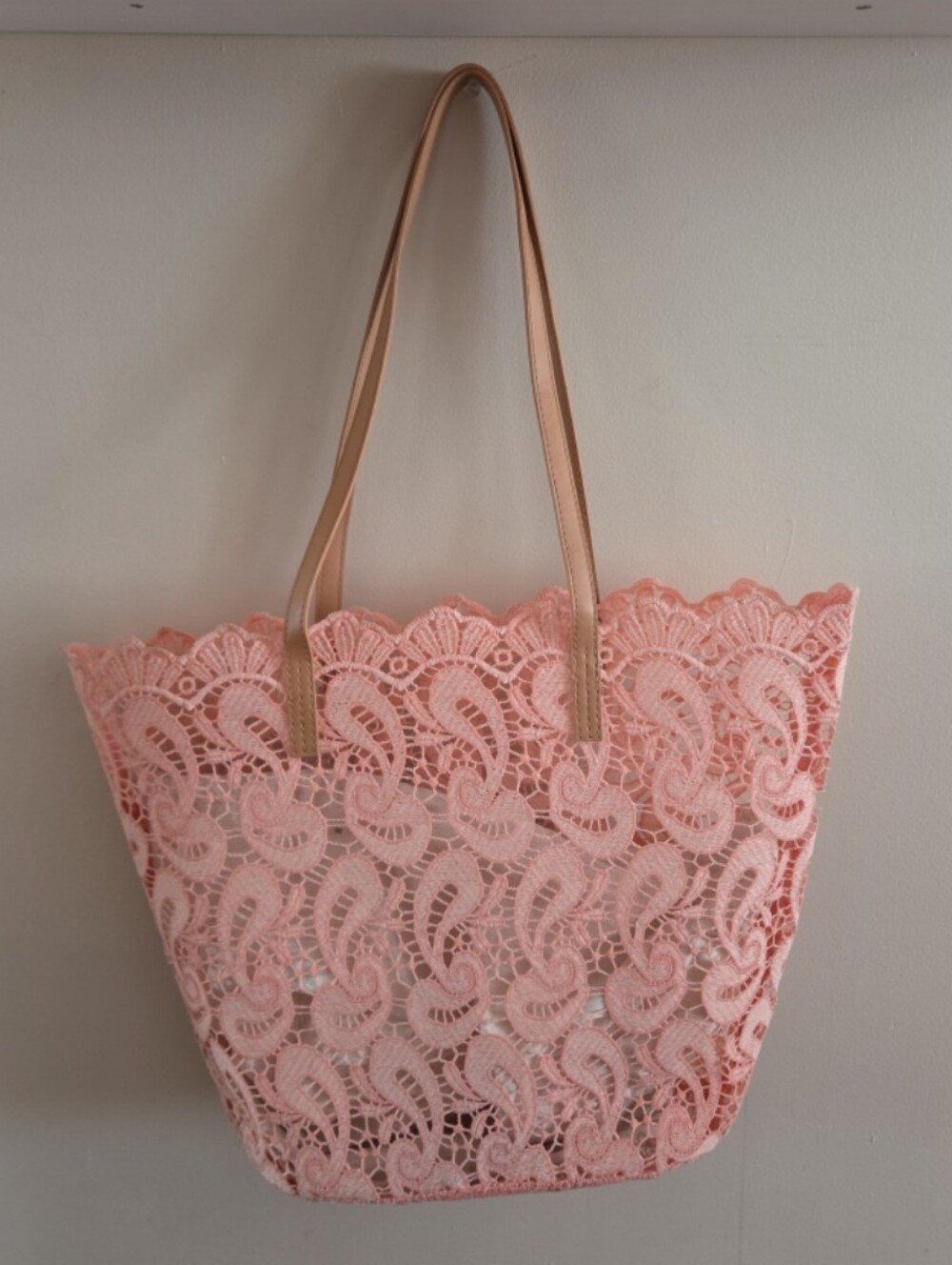 Women's Pink Lace Tote Bag with Tan Handles